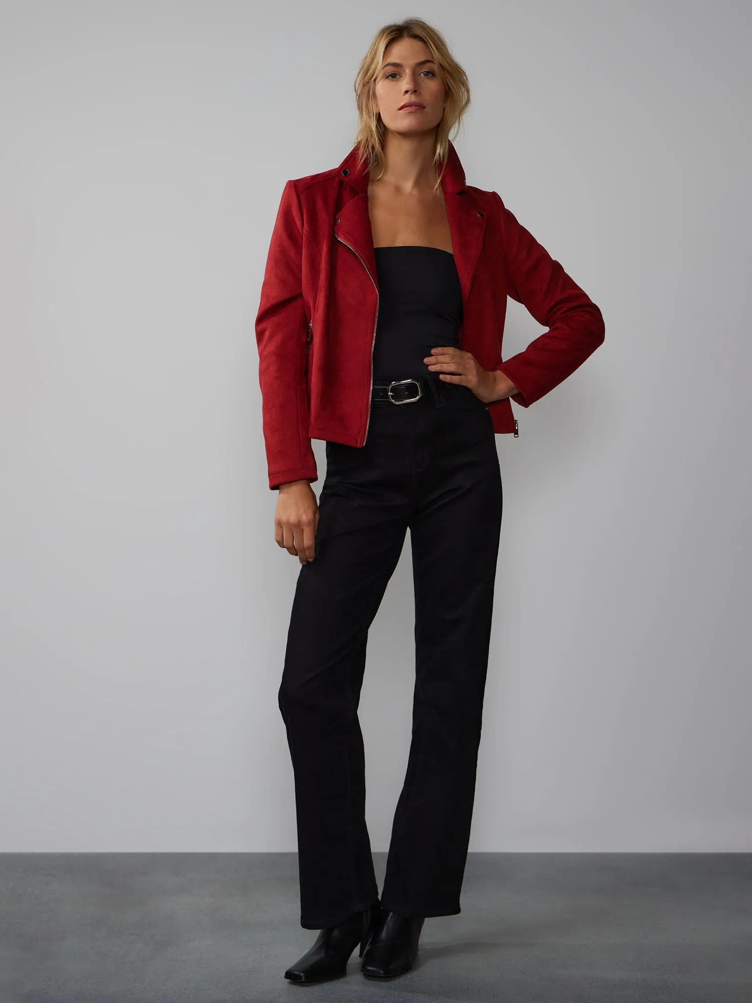 Faux-Suede Notch Lapel Moto Jacket