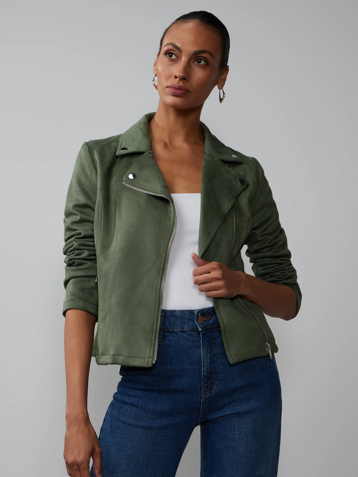 Faux-Suede Notch Lapel Moto Jacket