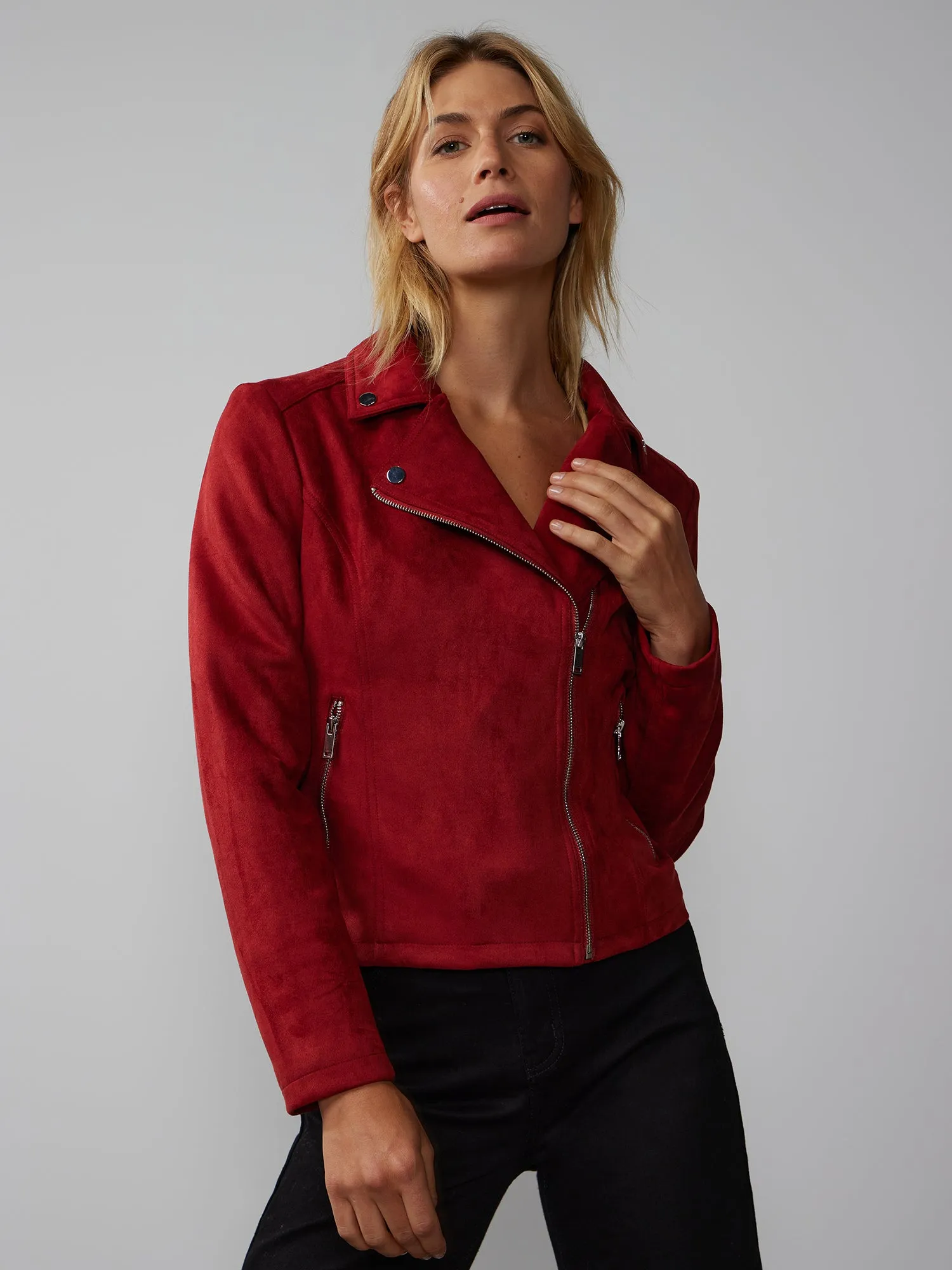 Faux-Suede Notch Lapel Moto Jacket