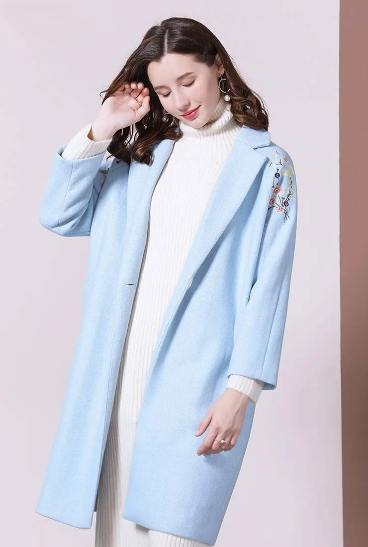 Floral Embroidered Wool Blend Mid-length Overcoat