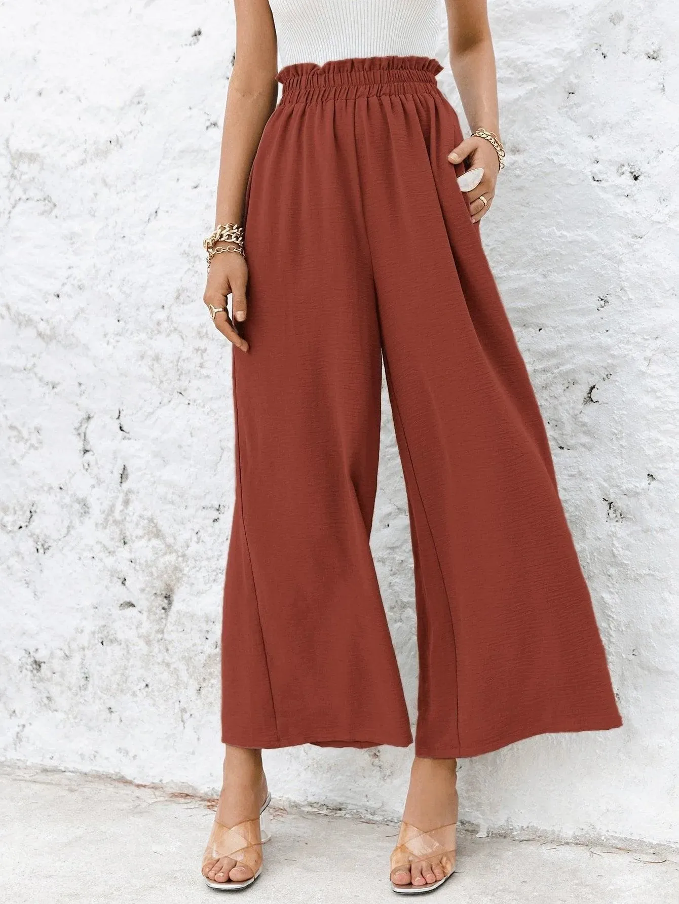 Frill Elastic Waist Wide Leg Pants Without Belt