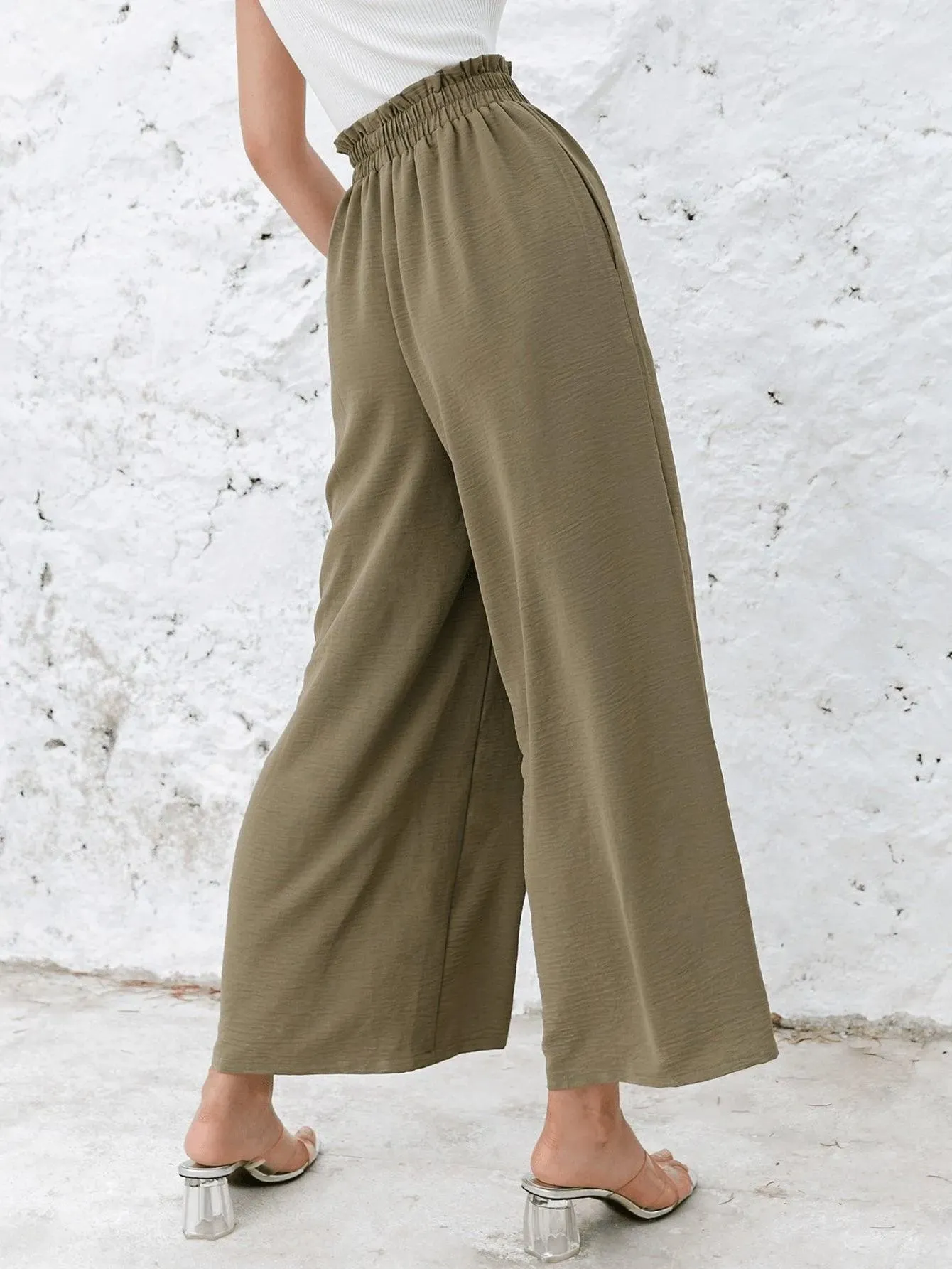 Frill Elastic Waist Wide Leg Pants Without Belt