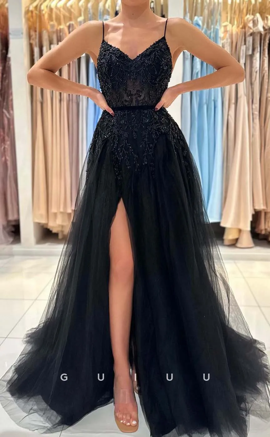 G2384 - Sexy Hot A-Line Straps Tulle Sheer Evening Prom Dress With Slit