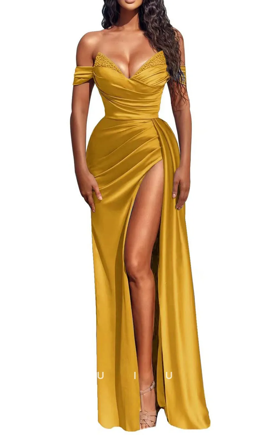 G2617 - Sexy & Fitted Off-Shoulder Satin Ruched Long Prom Evening Party Dress With Slit