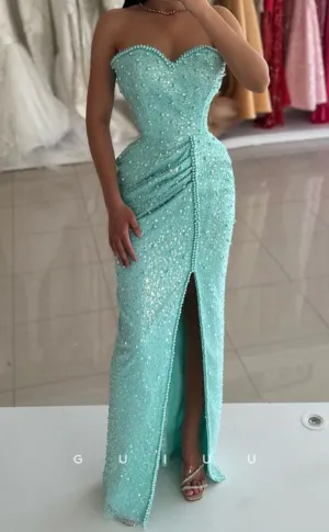 G3389 - Sexy & Hot Column Sweetheart Floor-Length Side Slit Fully Sequined & Beaded Evening Party Gown Prom Dress