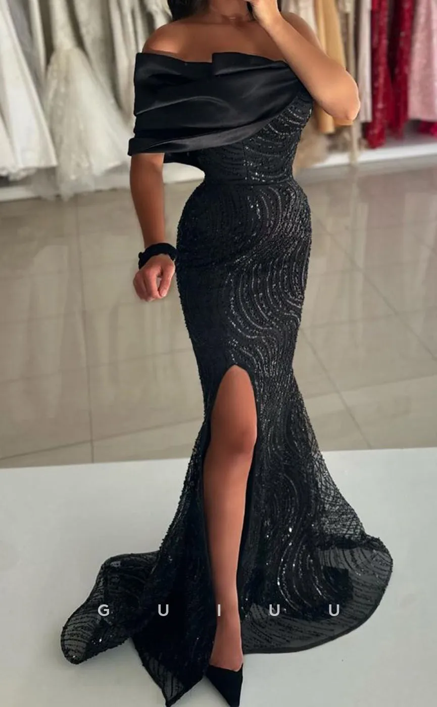 G3390 - Elegant & Luxurious Sheath One Shoulder Fully Sequined & Beaded Sweep Train Evening Party Prom Dress