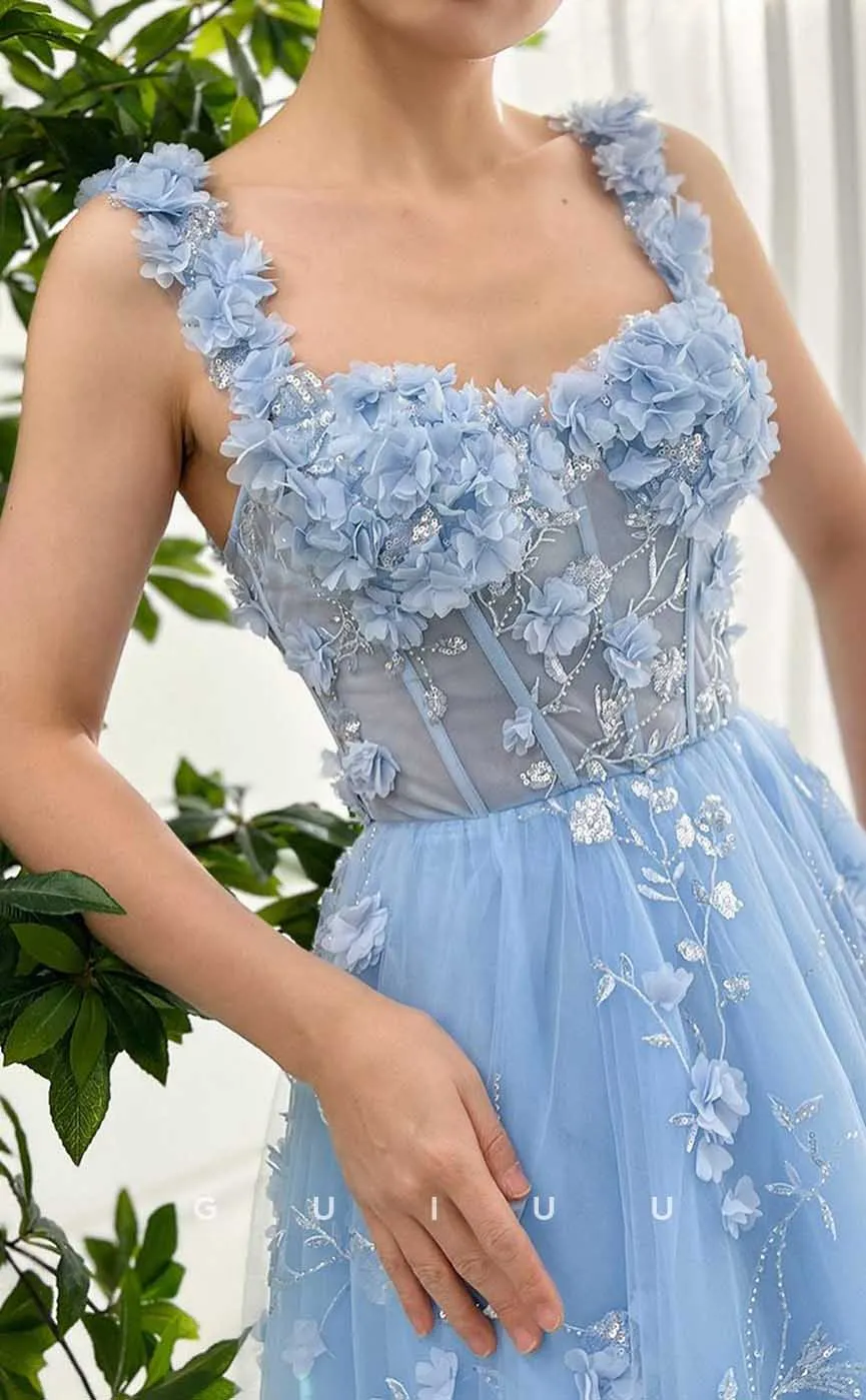 G4447 - Chic & Casual A-Line Tulle Appliques Pleats Prom Evening Gown with Flower Straps