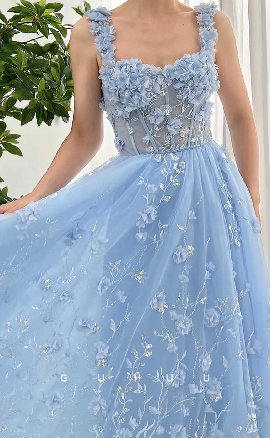 G4447 - Chic & Casual A-Line Tulle Appliques Pleats Prom Evening Gown with Flower Straps