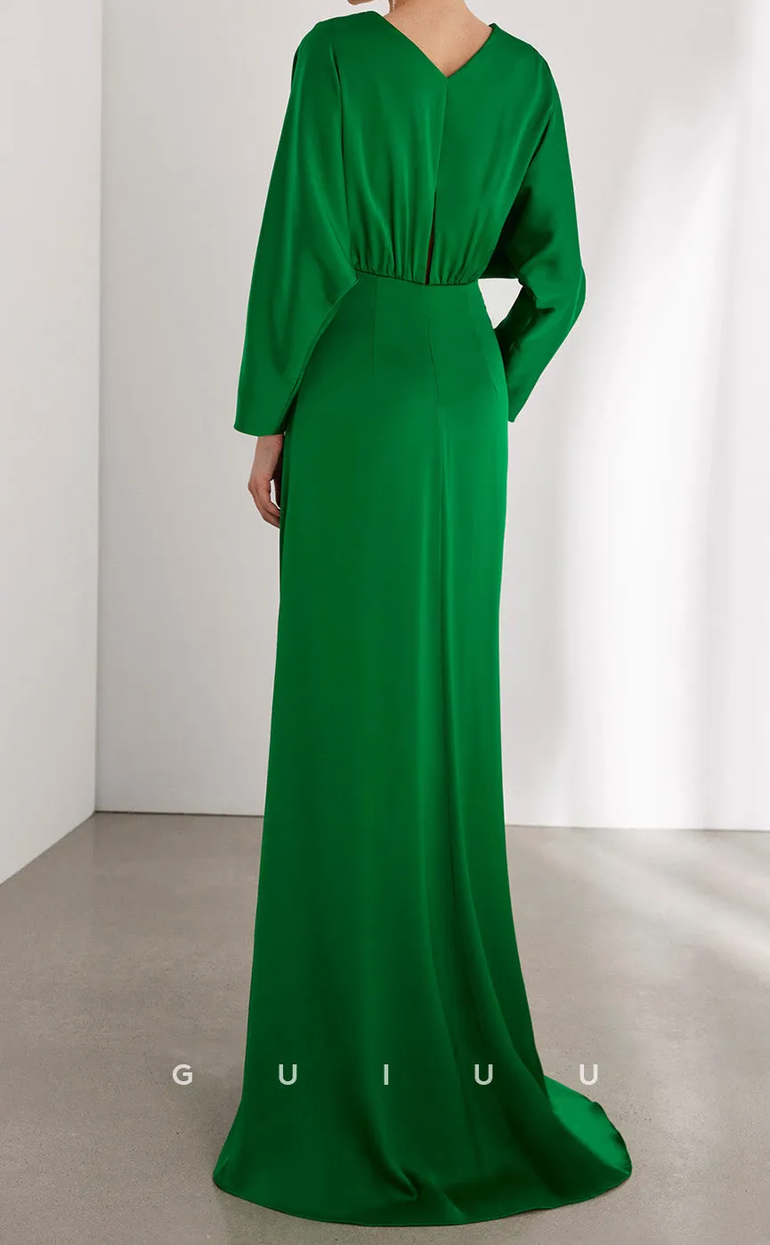 GM161 - A-Line V Neck Long Sleeves Ruched Cocktail Dress Wedding Guest Dress with High Side Slit