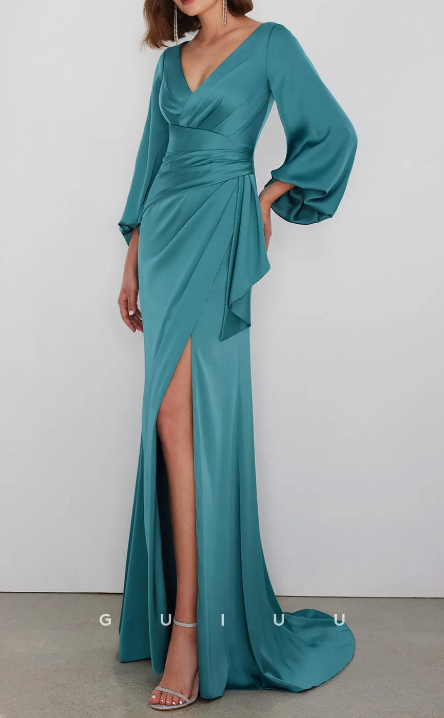 GM213 -  Sheath V Neck Long Sleeves Pleated Cocktail Dress with High Side Slit ande Train