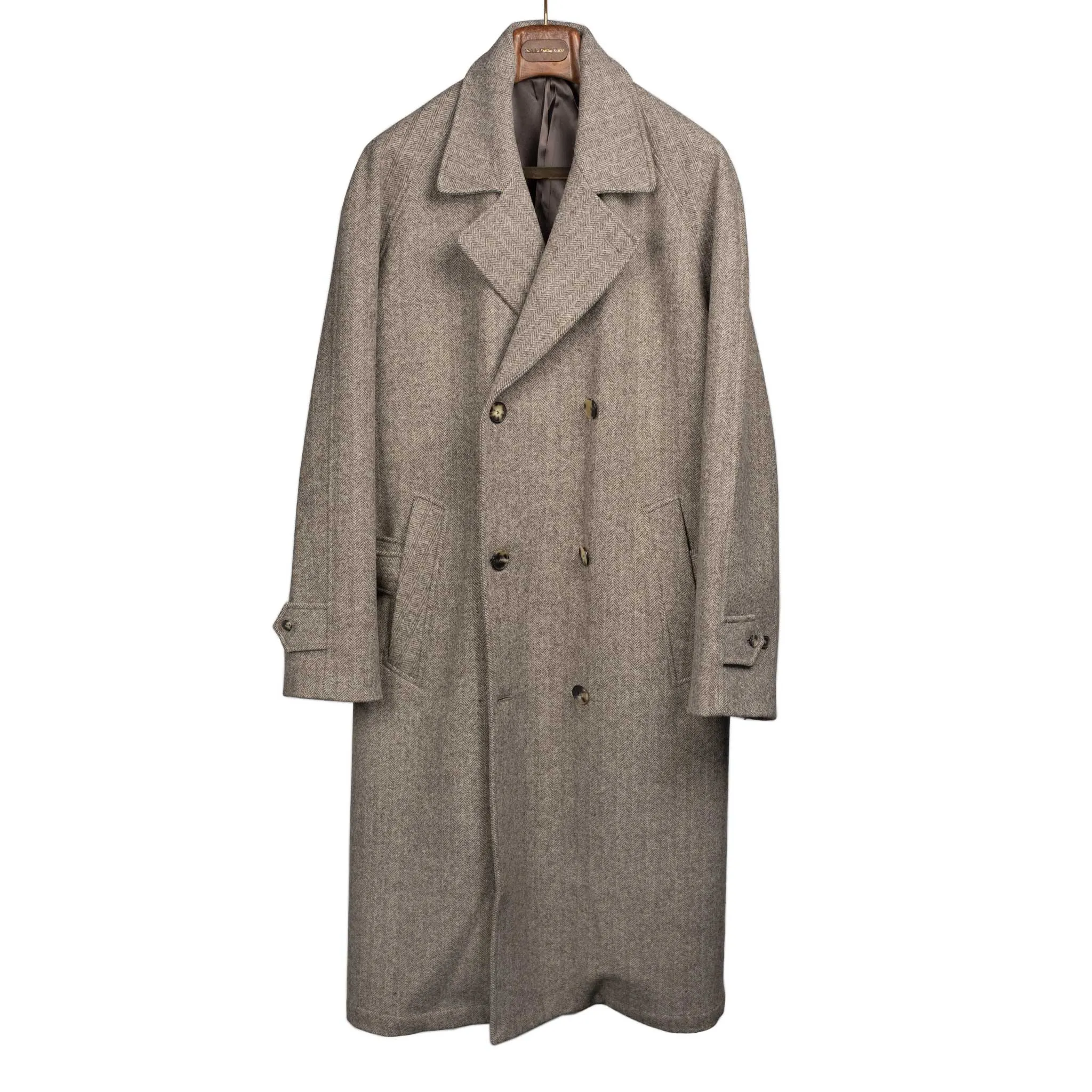 Granddad coat in undyed beige herringbone wool