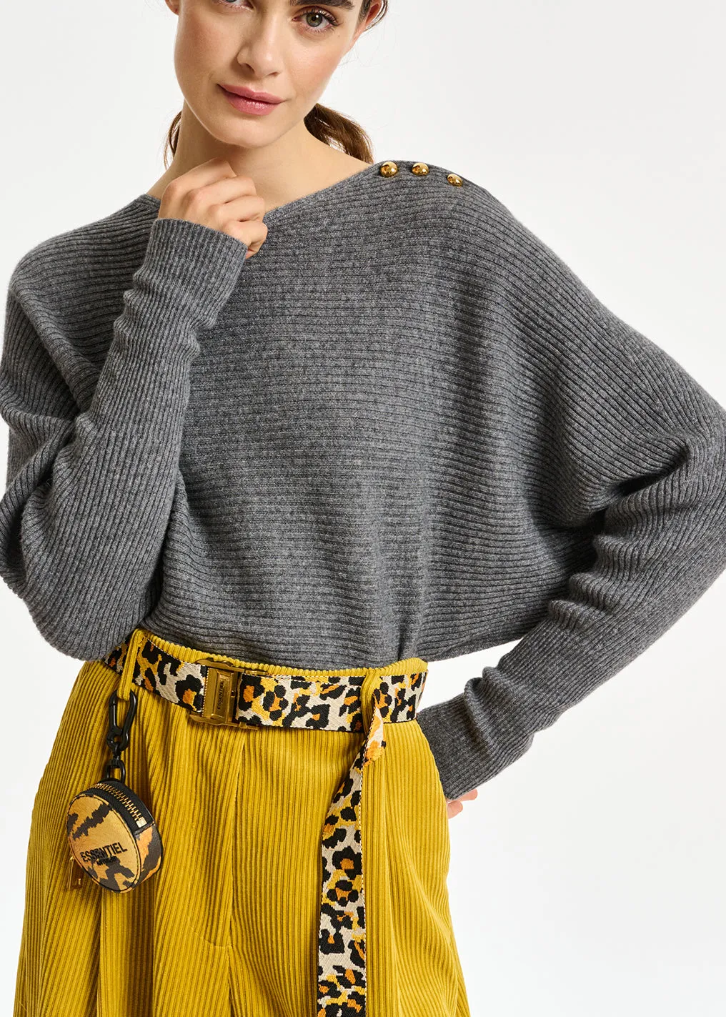 Grey batwing-sleeve knit sweater