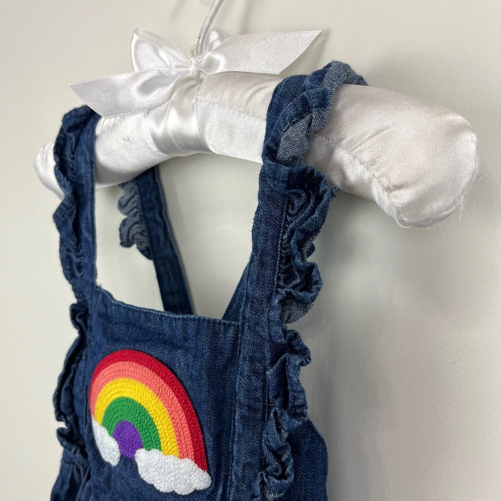 Hanna Andersson Ruffle Rainbow Denim Shortall Romper 80 cm 18-24 Months