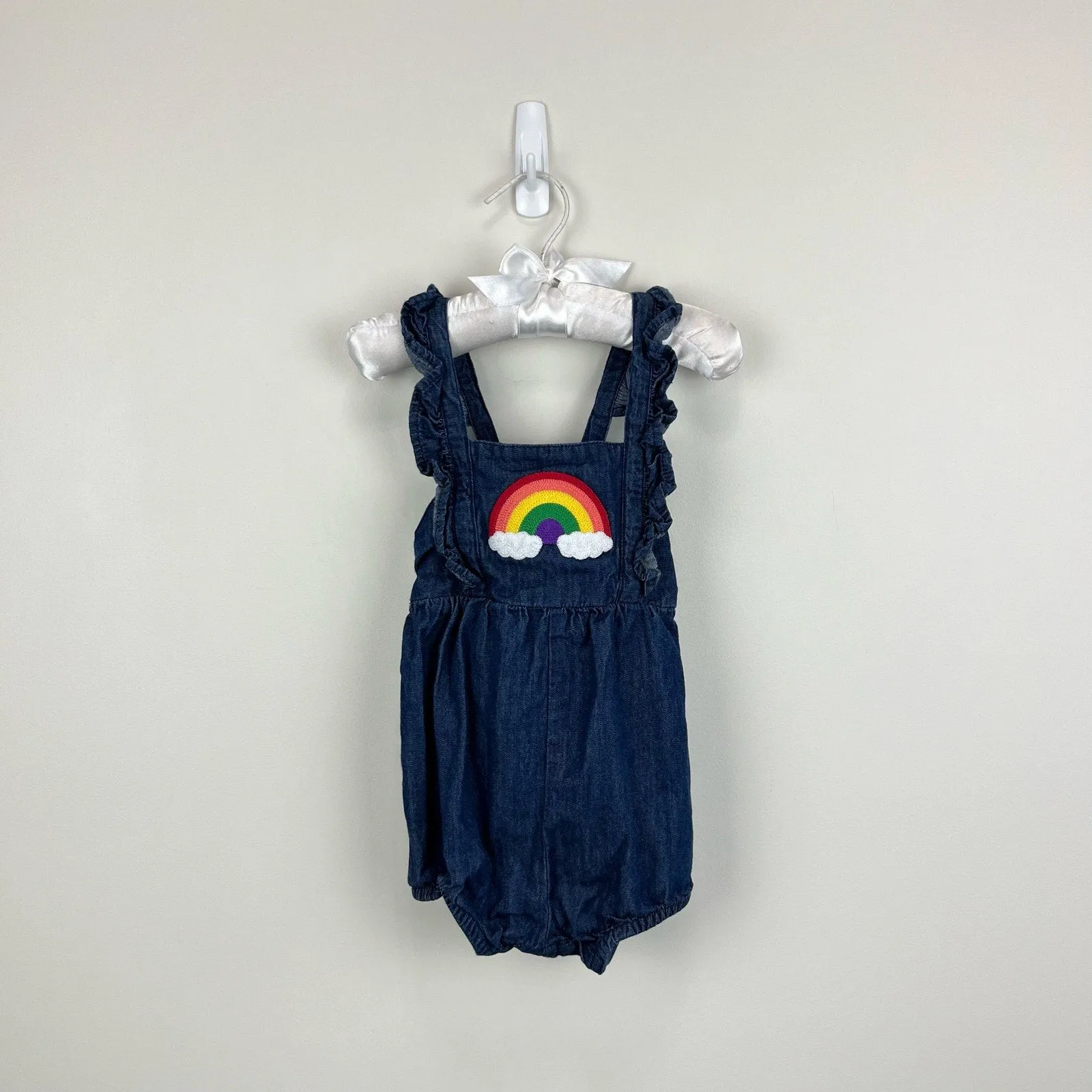 Hanna Andersson Ruffle Rainbow Denim Shortall Romper 80 cm 18-24 Months