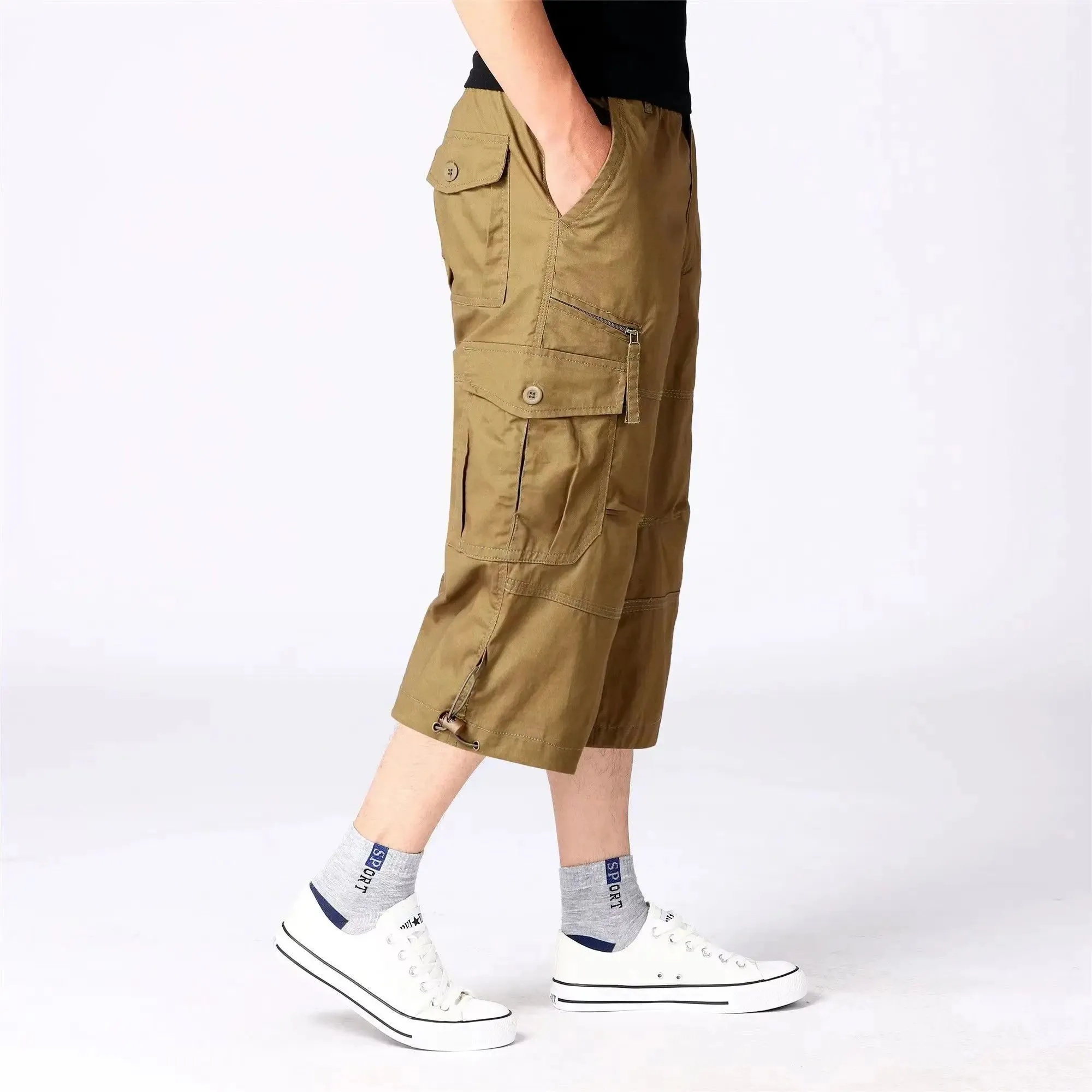 Hnzxzm Military Men Outdoor Baggy Tactical Capris Summer Thin Elastic Waist Pocket Casual Versatile Pure Cotton New Calf-Length Pants