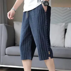 Hnzxzm Summer New Trend Cotton Hemp Thin Straight Casual Capris Men Print Stripe Elastic Waist Drawstring Pocket Versatile Loose Shorts