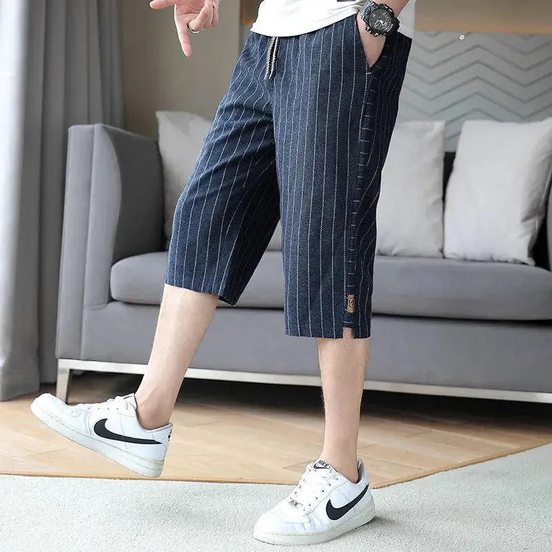 Hnzxzm Summer New Trend Cotton Hemp Thin Straight Casual Capris Men Print Stripe Elastic Waist Drawstring Pocket Versatile Loose Shorts