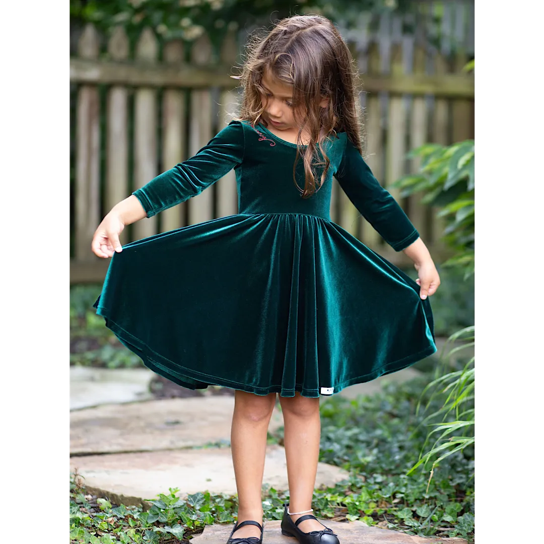 Holiday Twirly Dress in Emerald Velvet