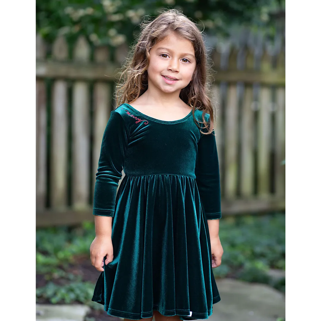 Holiday Twirly Dress in Emerald Velvet