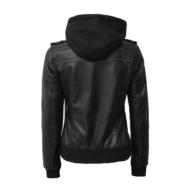 Hooded Black Leather Bomber Jacket for women