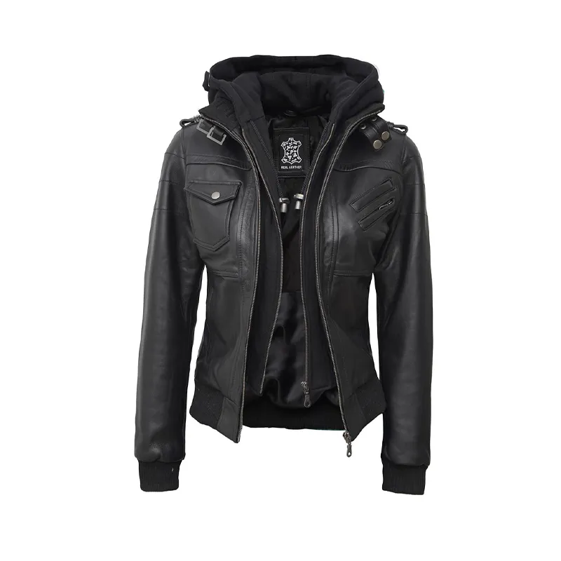 Hooded Black Leather Bomber Jacket for women