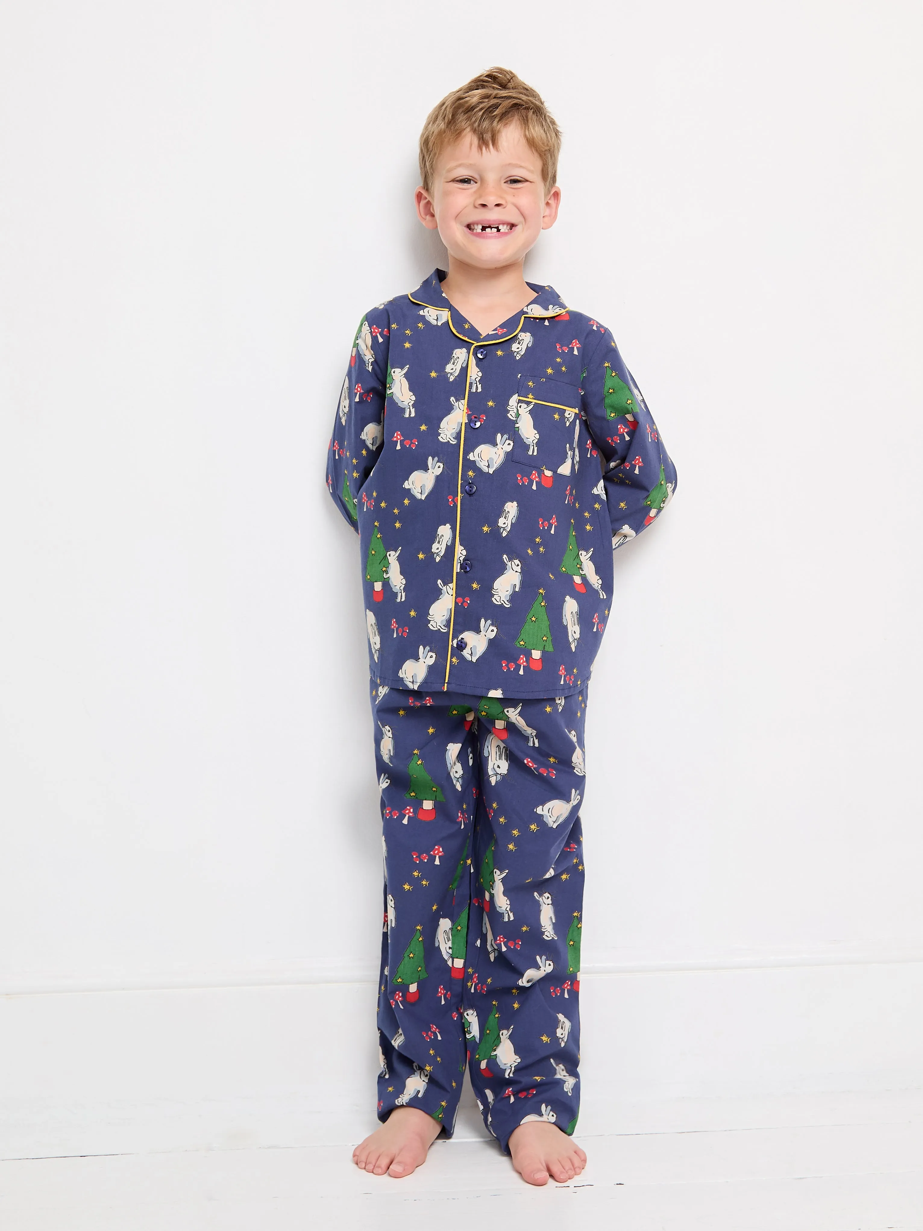 Kids Cotton Traditional Pyjamas Navy Busy Stars