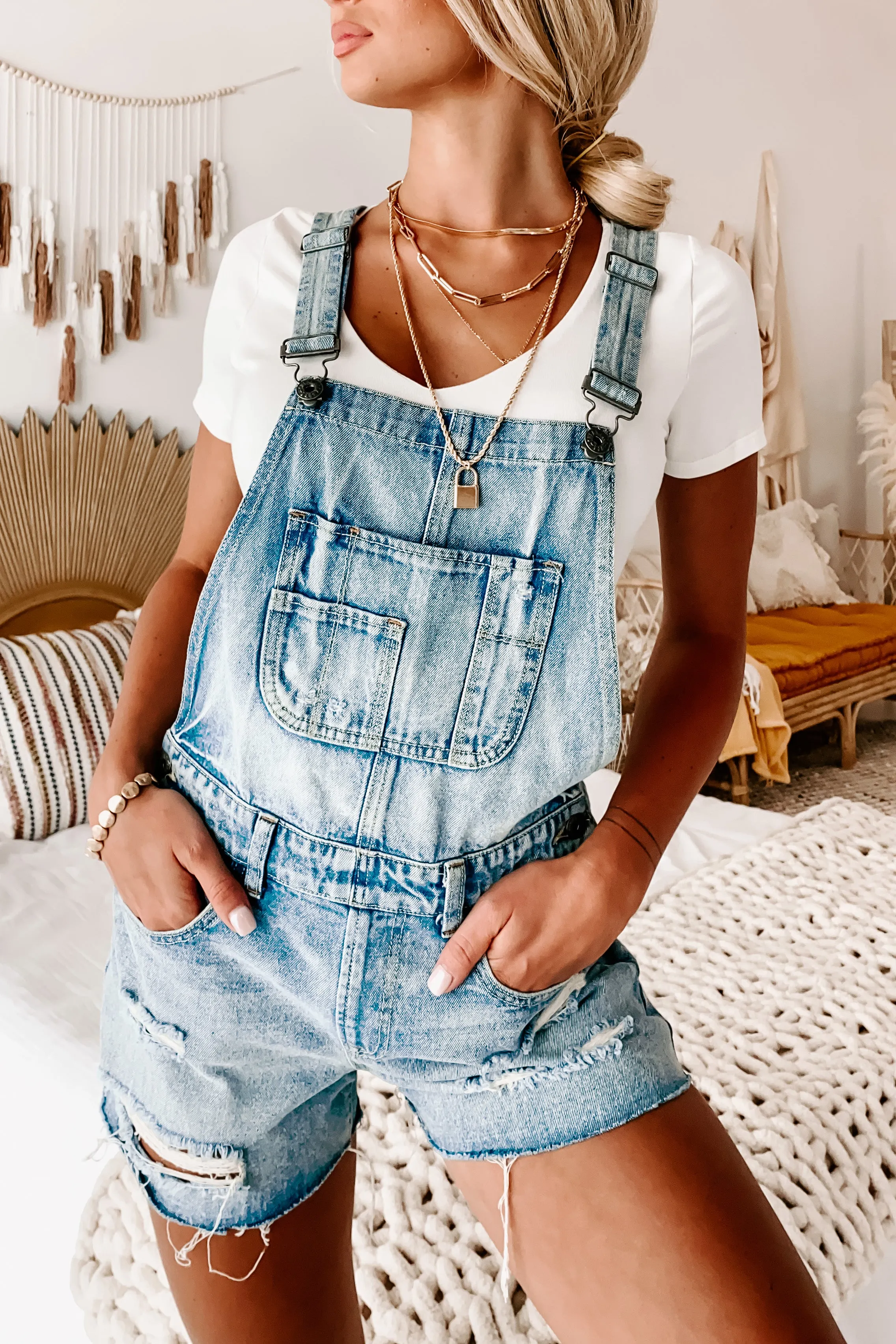 Kylo Distressed Denim Shorts Overalls (Medium Wash)