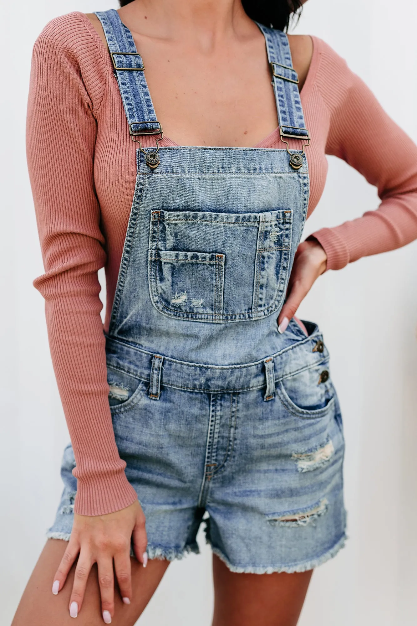 Kylo Distressed Denim Shorts Overalls (Medium Wash)