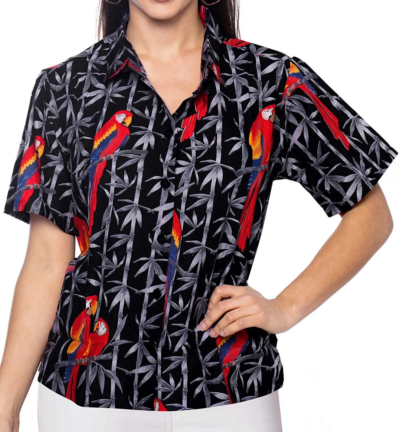 LA LEELA Women Beach Blouse Button Down Relax Camp Casual Shirt Funky Prints