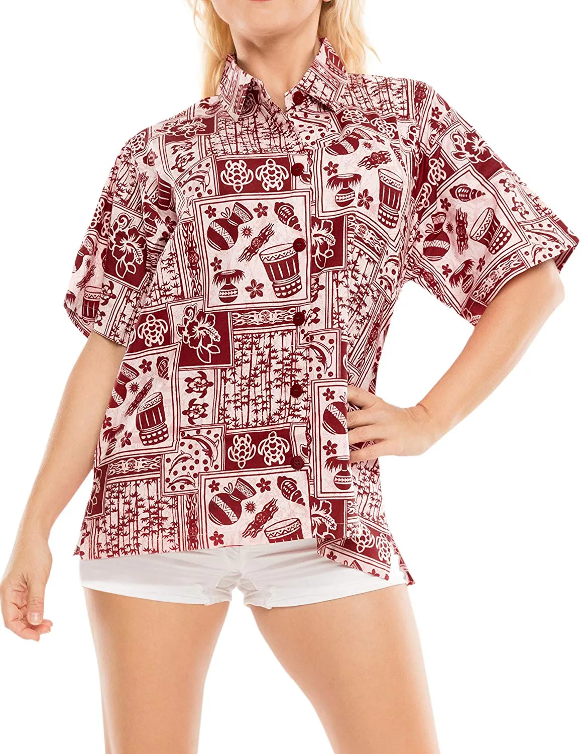 LA LEELA Women Beach Blouse Button Down Relax Camp Casual Shirt Funky Prints