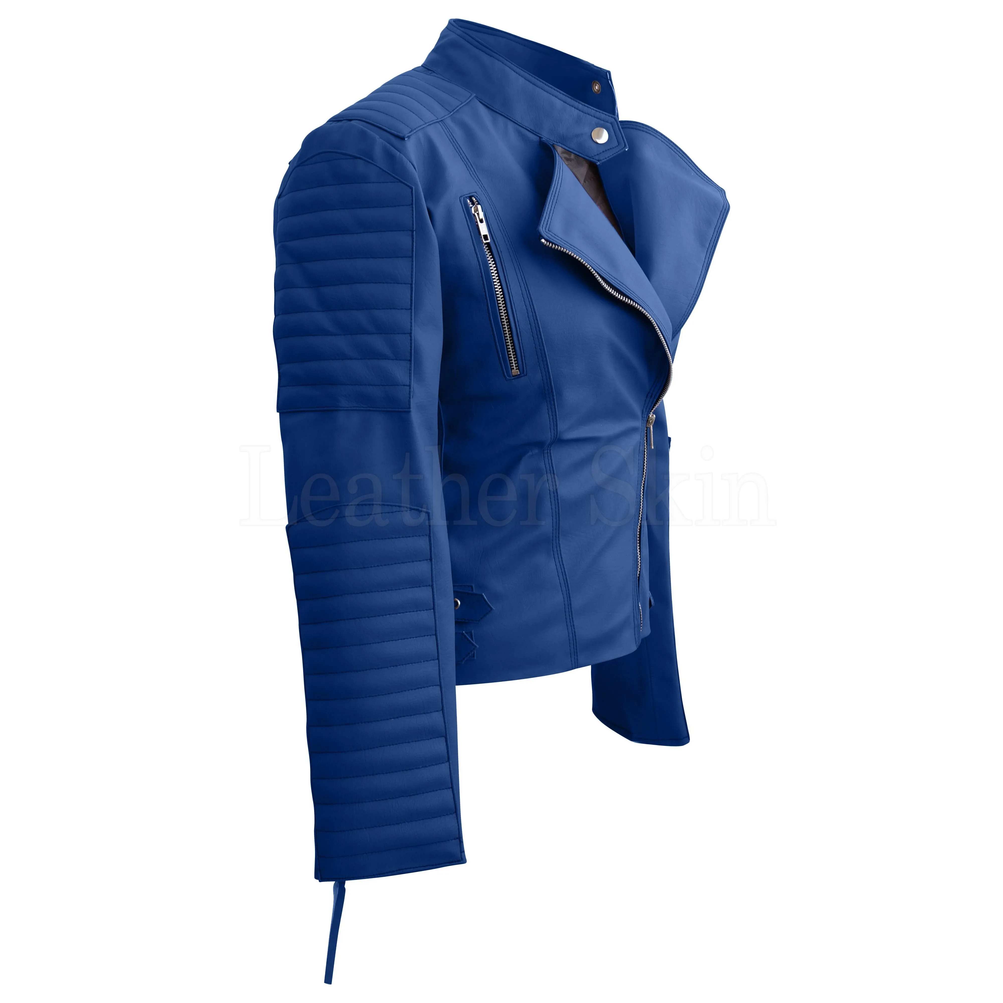 Leather Skin Blue Women Ladies Brando Style Synthetic Leather Jacket