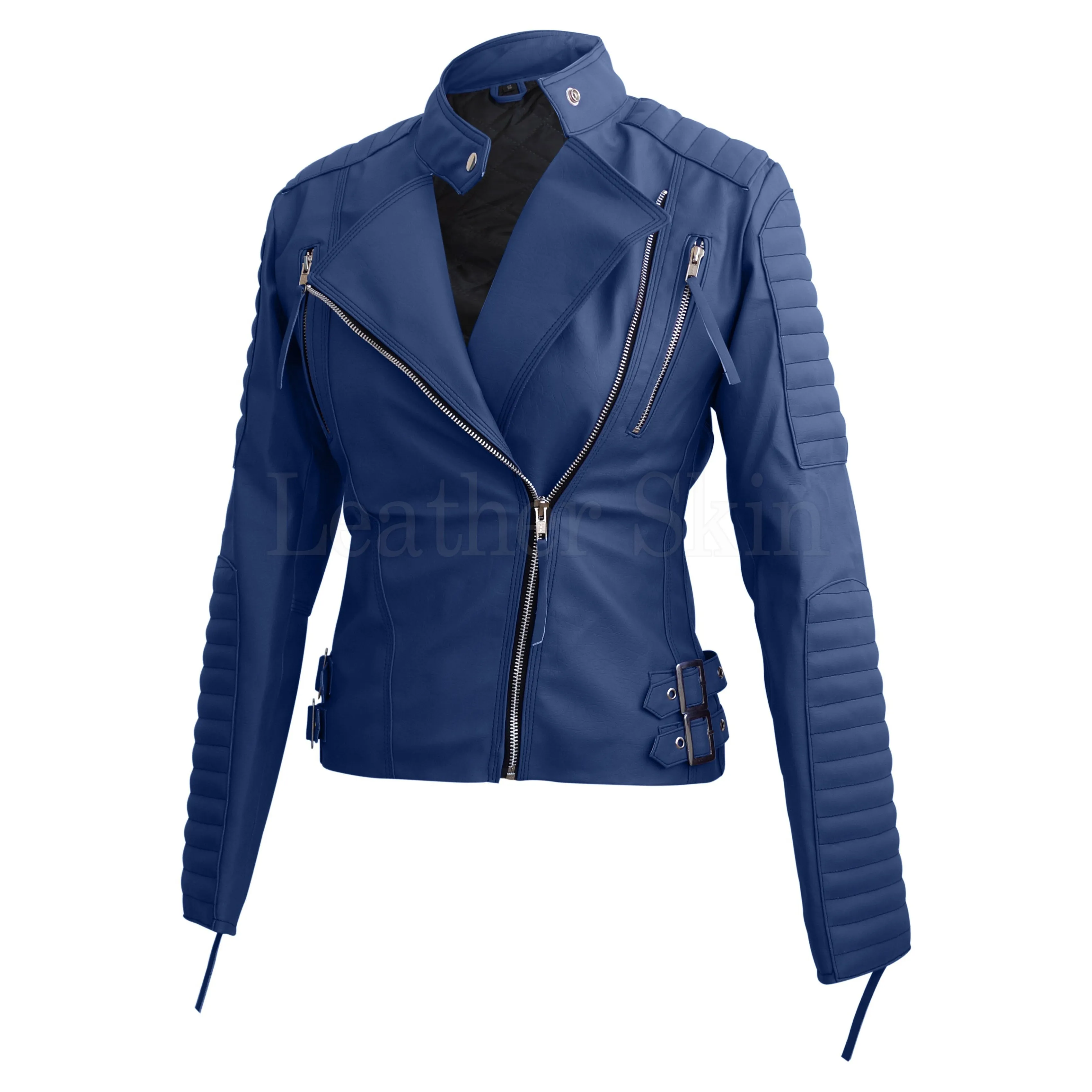 Leather Skin Blue Women Ladies Brando Style Synthetic Leather Jacket