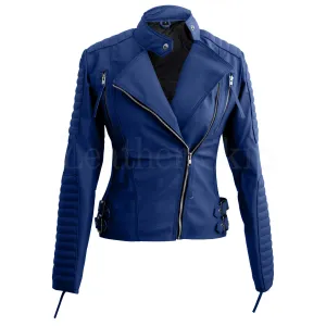 Leather Skin Blue Women Ladies Brando Style Synthetic Leather Jacket