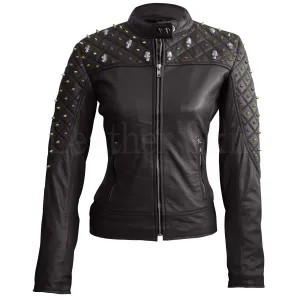 Leather Skin Women Black Shoulder Quilted with Gold Studs and Skeletons Genuine Leather Jacket