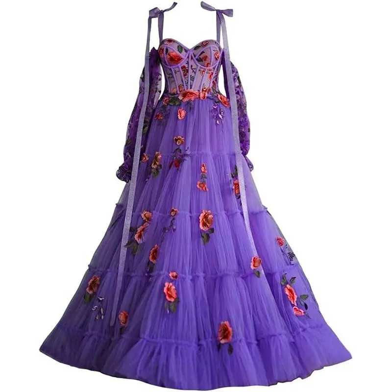 Long Sleeves Prom Dresses Applique Flower Tulle Evening Party Ball Gowns