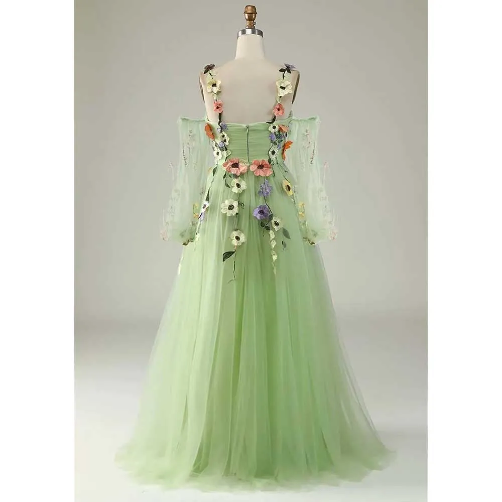 Long Sleeves Prom Dresses Applique Flower Tulle Evening Party Ball Gowns