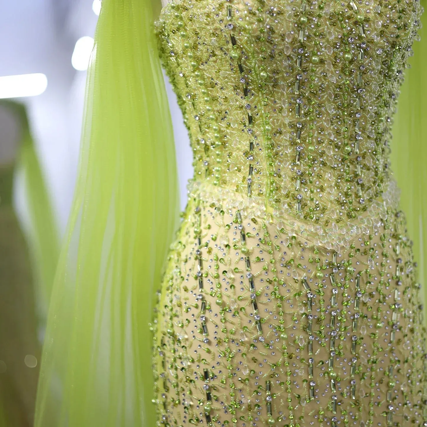 Luxury Beaded Lime Green Evening Dress with Cape Sleeves SS443