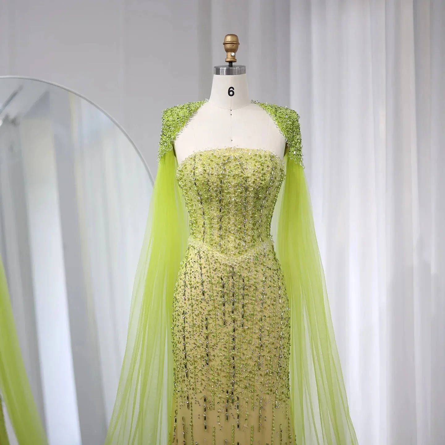 Luxury Beaded Lime Green Evening Dress with Cape Sleeves SS443