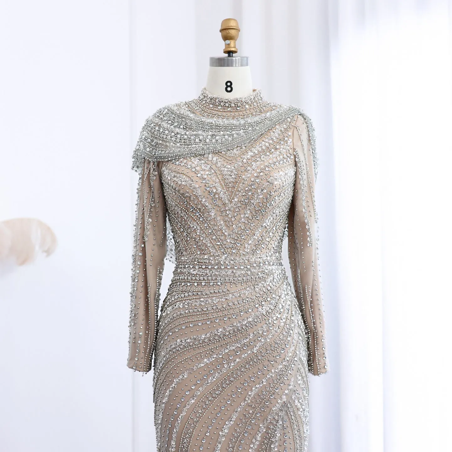 Luxury Beaded Silver Long Sleeves Evening Dress with Cape SS035