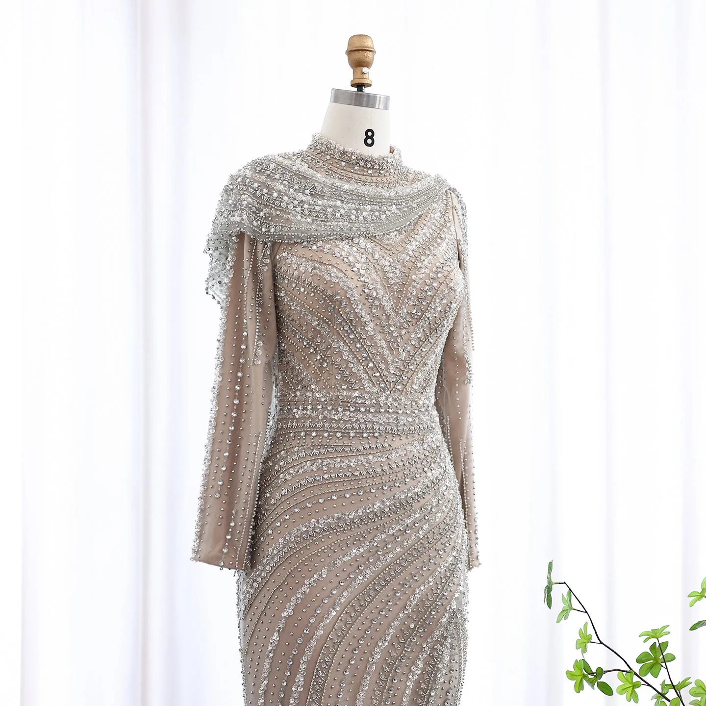 Luxury Beaded Silver Long Sleeves Evening Dress with Cape SS035