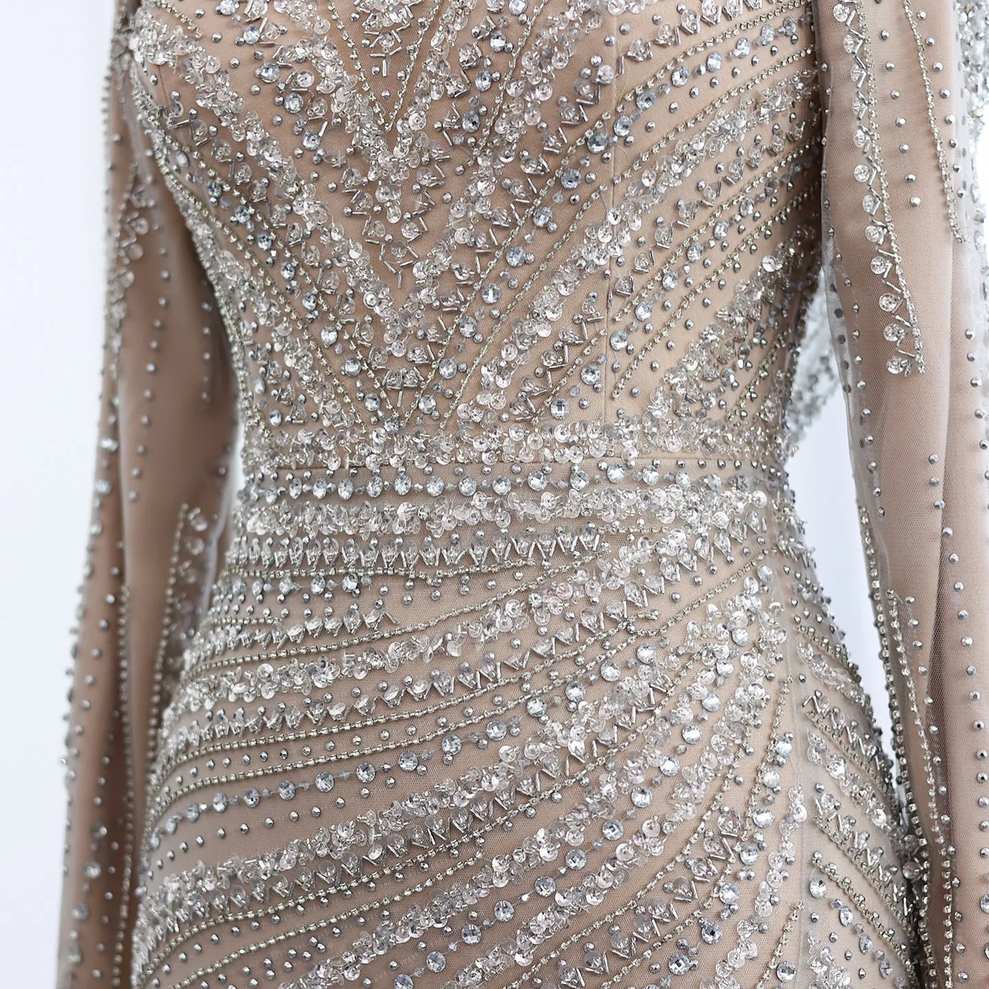 Luxury Beaded Silver Long Sleeves Evening Dress with Cape SS035