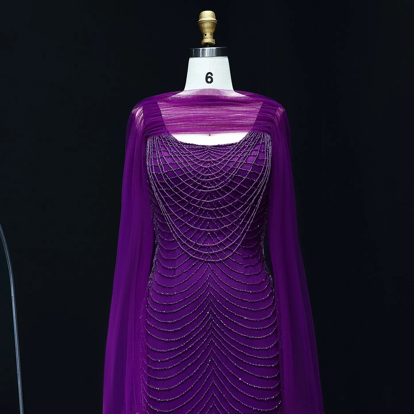 Luxury Beading Purple Evening Dress with Cape Sleeves SS280