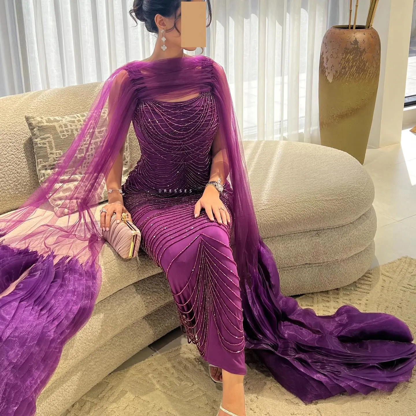 Luxury Beading Purple Evening Dress with Cape Sleeves SS280