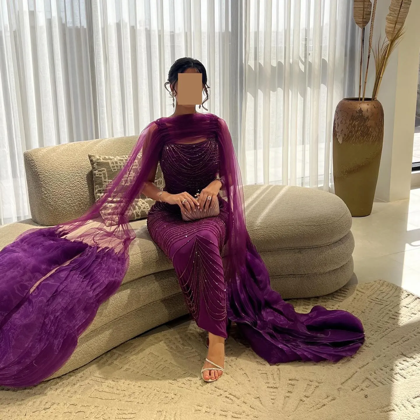 Luxury Beading Purple Evening Dress with Cape Sleeves SS280