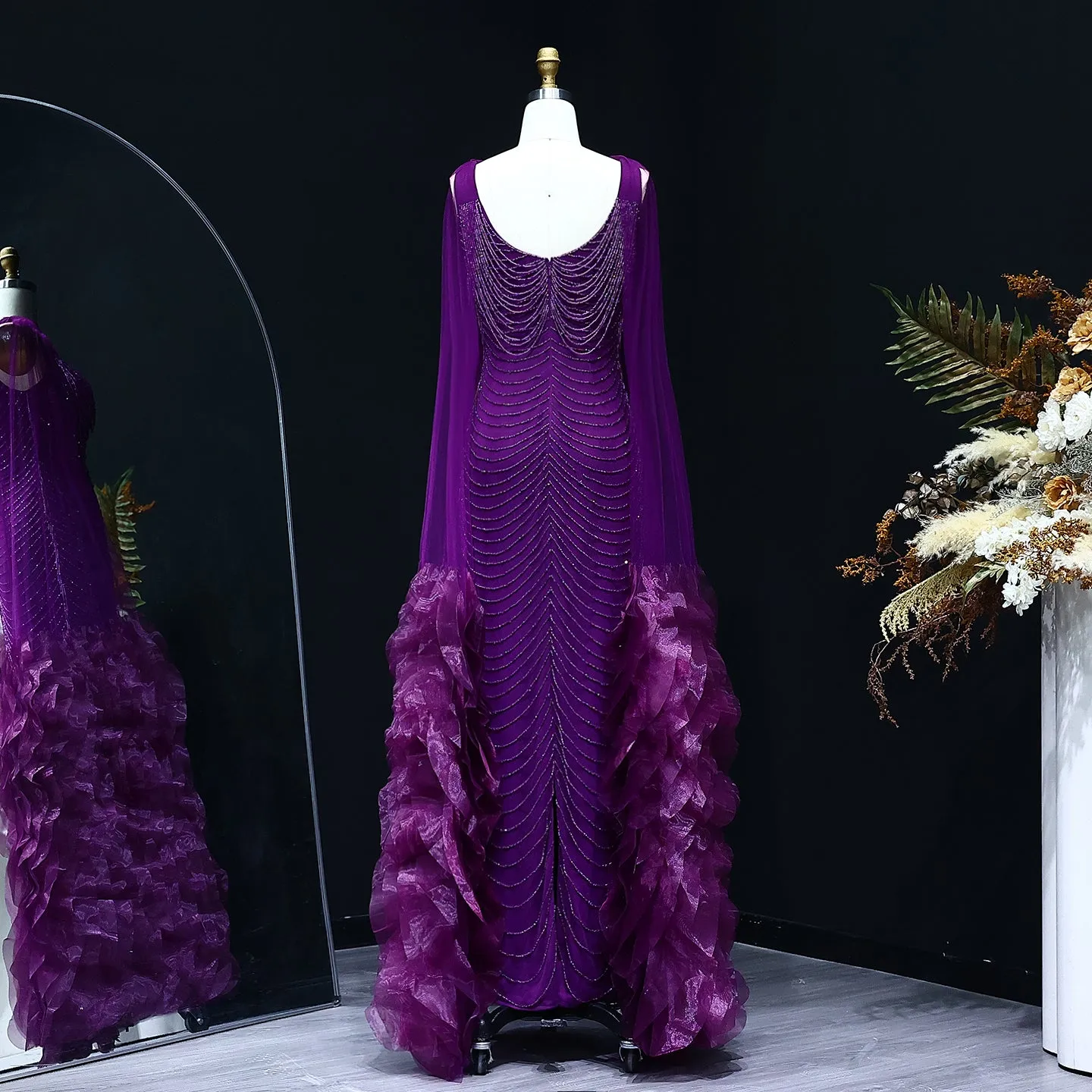 Luxury Beading Purple Evening Dress with Cape Sleeves SS280