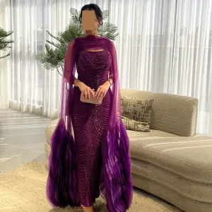 Luxury Beading Purple Evening Dress with Cape Sleeves SS280