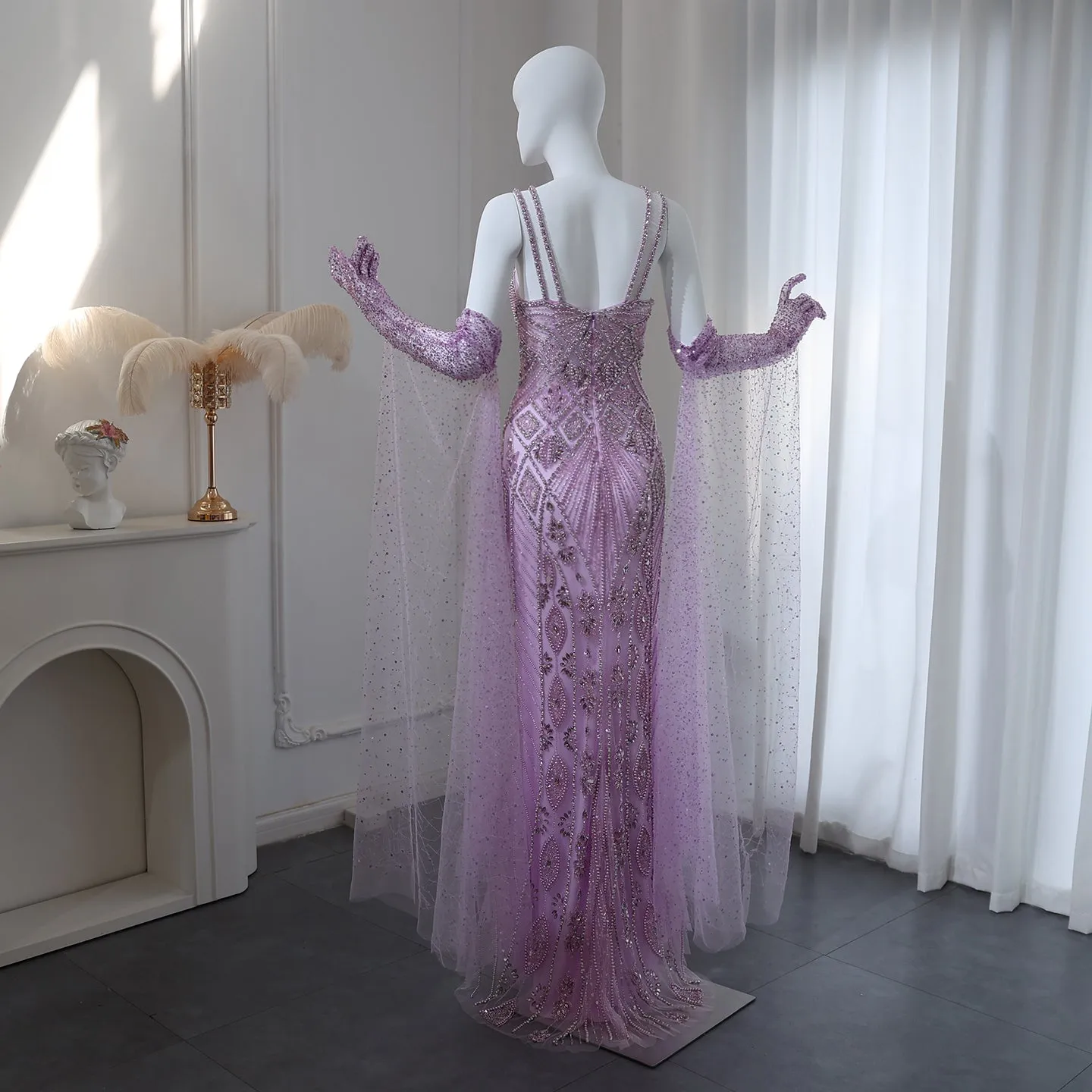 Luxury Lilac Evening Dress with Gloves Cape Sleeves SS437