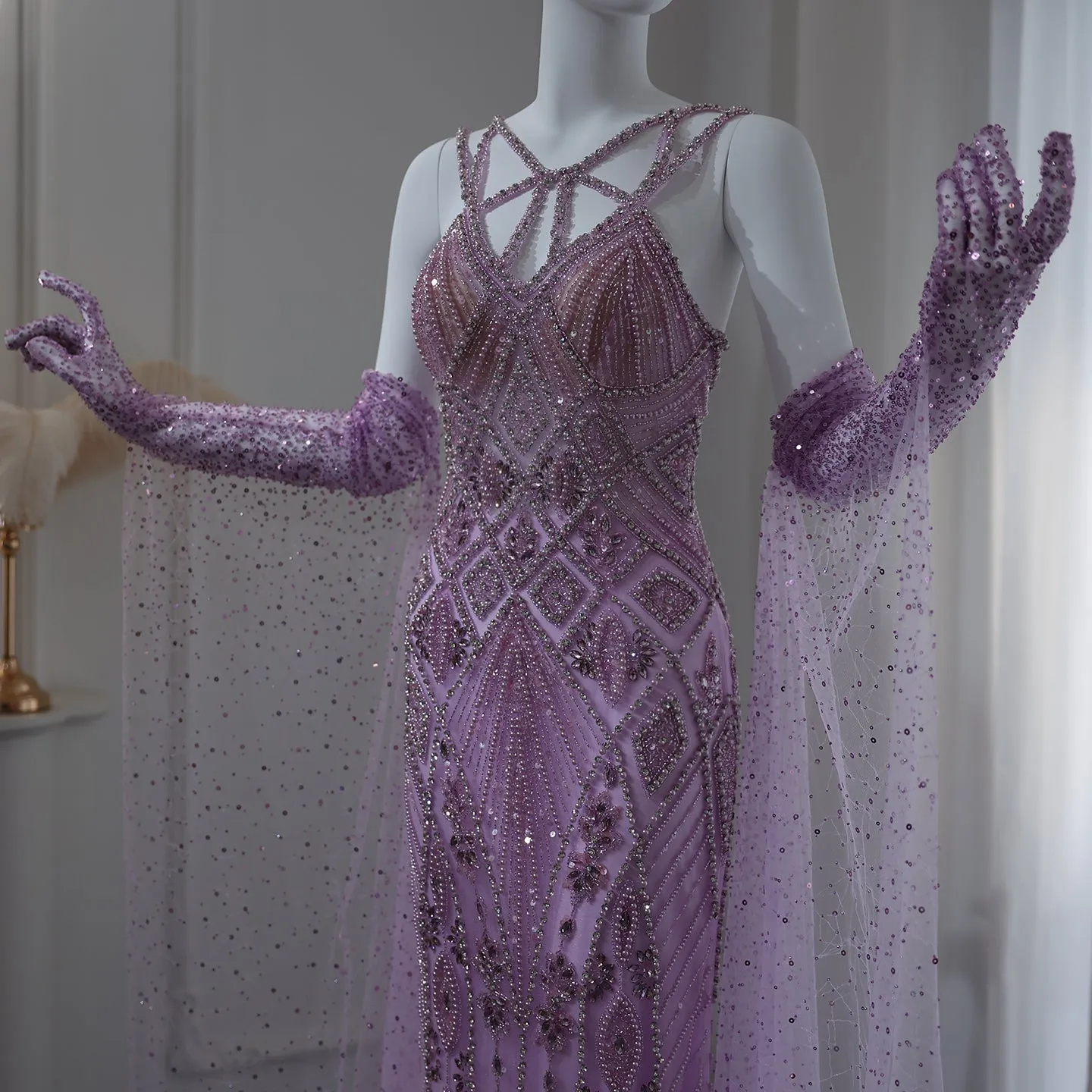 Luxury Lilac Evening Dress with Gloves Cape Sleeves SS437