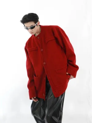 Man Clothes Solid Color Round Collar Knitted Sweaters for Men Red Crewneck with Pockets Plain Cardigan Korean 2024 Autumn Sheap