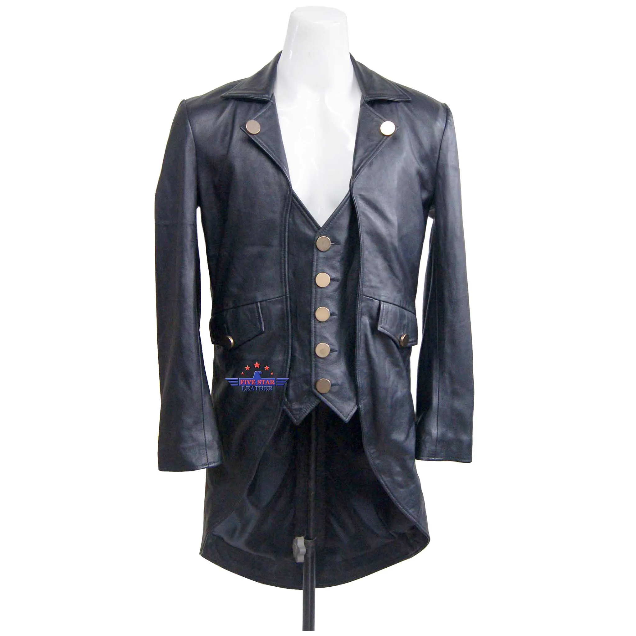 Mans 100% REAL LEATHER Black TAILCOAT Steampunk Jacket Dress Coat GOTHIC